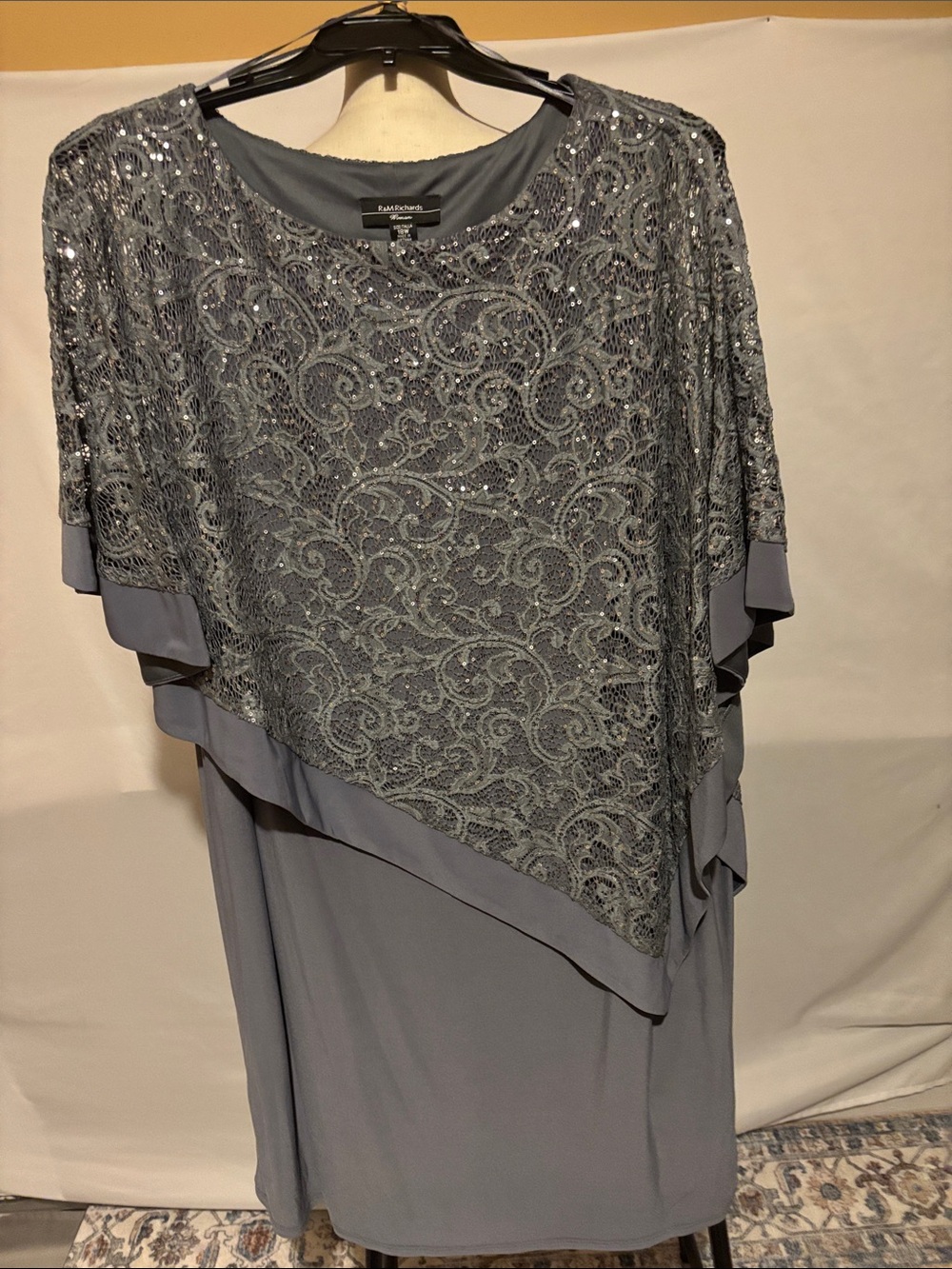 R&M Richards Slate Gray Sequin Lace Asymmetrical Evening Dress